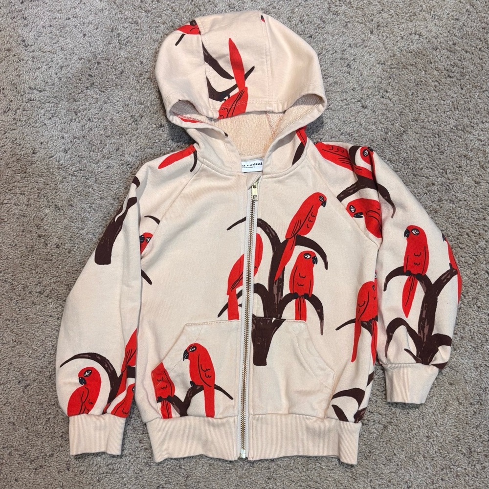 Mini Rodini Cream and Red Parrot Hoodie, size 3-5 years.